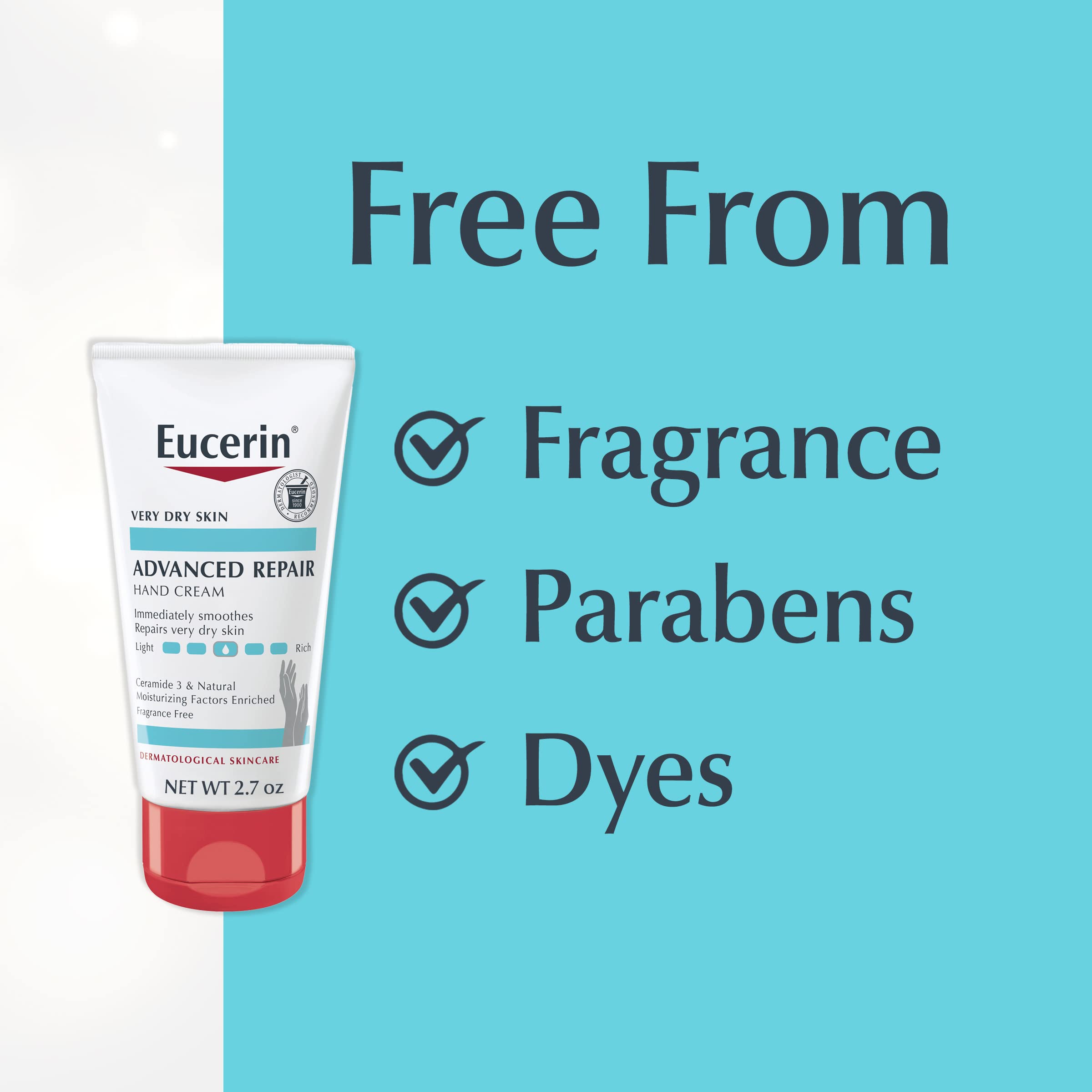 Eucerin Advanced Repair Hand Cream, Fragrance Free Hand Lotion for Dry Skin, 2.7 Oz Tube, Pack of 3